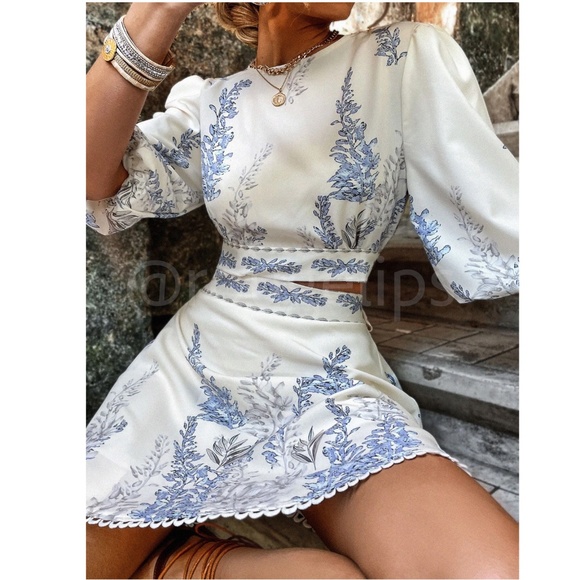 Floral Blue on Cream Light Beige Puff Sleeve Cut Out Waist Mini Dress - Picture 8 of 16